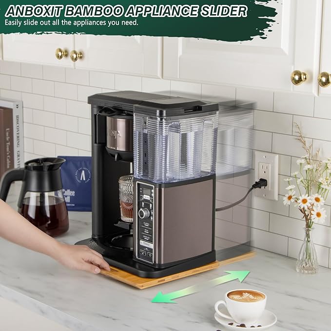 Bamboo Appliance Slider, Sliding Tray for Coffee Maker, Kitchen Countertop Appliance Rolling Tray, Coffee Pot Slider Tray with Rubber Wheels, Wide - Small (10"D x 12"W)