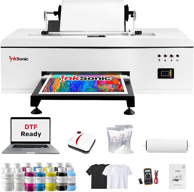 InkSonic R1390 DTF Printer Machine, A3 T shirt printing Machine With Laptop, 13" Format DTF Printer Bundles, Direct to Film Heat Transfer, T-Shirt Maker for Clothes Design, White Ink Circulation
