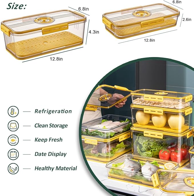 CottonColors Fridge Organizer, Food Storage Containers With Lids for Timer & Drain Board Stackable Refrigerator Organizers and Storage(Tall & Short, Small, 3.3 L + 1.5 L, 2 Pack)