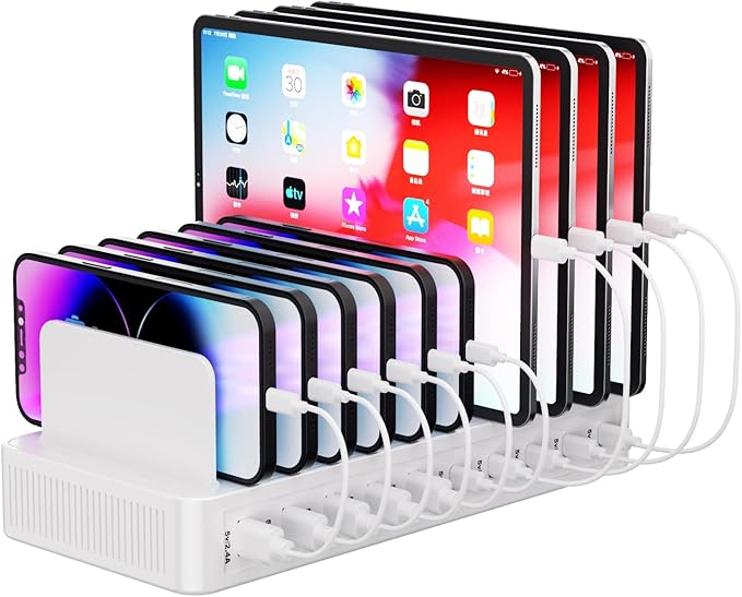 60W Charging Station for Multiple Devices, 10-Port USB Fast Charging Station with Adjustable Dividers - Device Organizer Charging Dock for iPhone, Android, iPad, Tablets & More