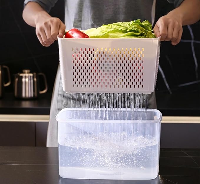 4 Pack Food Storage Containers with Lids – Refrigerator Organizer with Removable Colander & Drain Basket, Airtight Produce Saver for Fruits & Vegetables