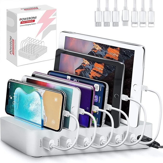 USB Charging Dock - 6-Port Universal Charging Station for Multiple Devices - Multi Device Charger Station - Compatible with Apple, iPad, iPhone, and Android Cell Phones and Tablets