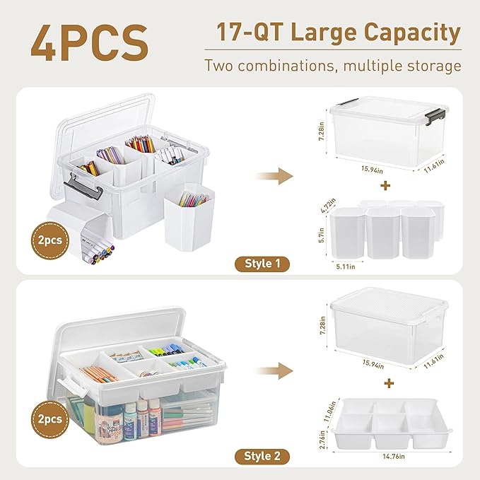 Citylife 17 QT Plastic Storage Bins Clear Storage Box with Lids Multipurpose Stackable Storage Containers for Organizing Tool, Craft, Crayon, 4 Packs