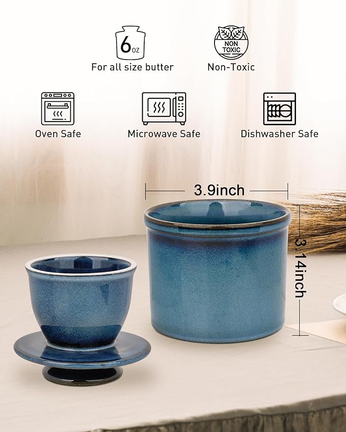 French Butter Dish, Butter Crock for Counter with Water Line, Ceramic Butter Keeper for Spreadable Butter - Chrismas Gift Home Kitchen Decor - Reactive Glaze Collection - Blue