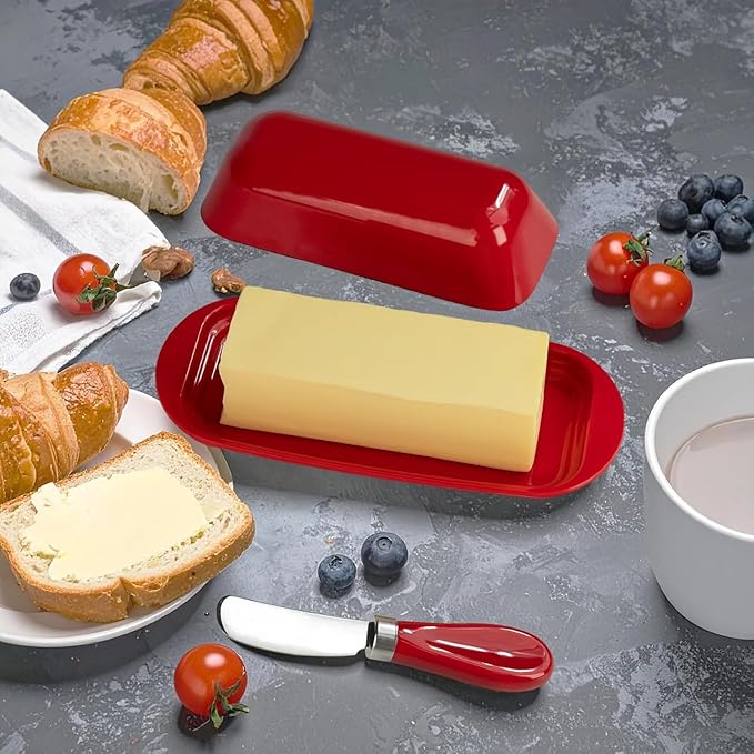 Butter Dish with Lid and Knife, Durable Countertop & Fridge Butter Keeper, BPA-Free Melamine Butter Container, Dishwasher Safe, Fits East/West Coast Butter Sticks (Red)