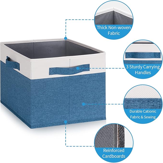 GhvyenntteS 6 Pack Fabric Storage Bins, 15x11x9.6 inch Closet Storage Bins for Shelves with 3 Handles, Foldable Storage Baskets for Shelves, Sturdy Closet Organizers and Storage Boxes, Blue