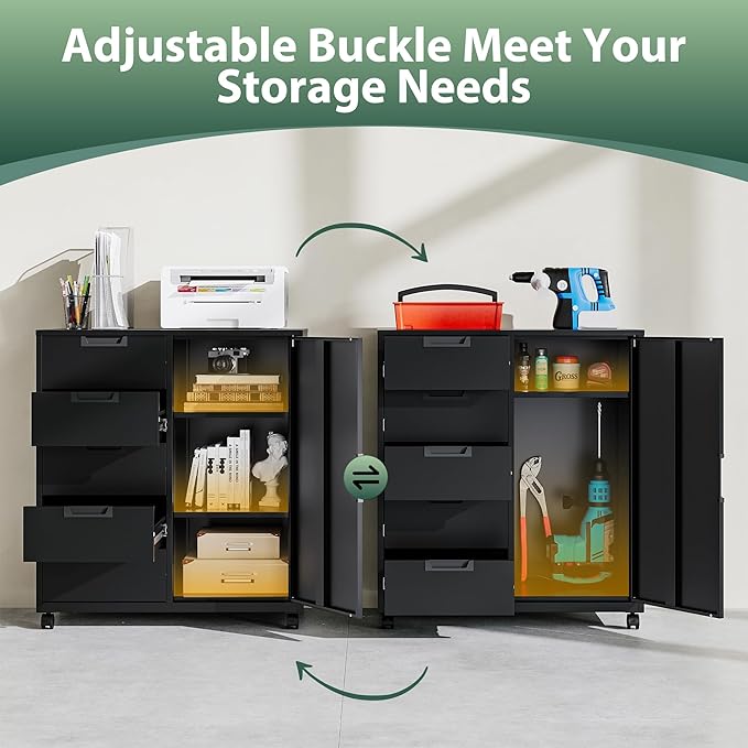 MIIIKO 5 Drawer Storage Cabinet with Door and Shelf, Mobile Lateral Cabinet on Wheels, Office Small Organizer Printer Stand, Black File Cabinets