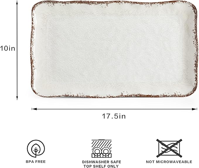 LEHAHA Farmhouse Large Serving Platters, 2 Piece Melamine Dinnerware Set, 17.5 x 10 Inches Vintage Serving Tray, Rectangle White Rustic Trays Set of 2