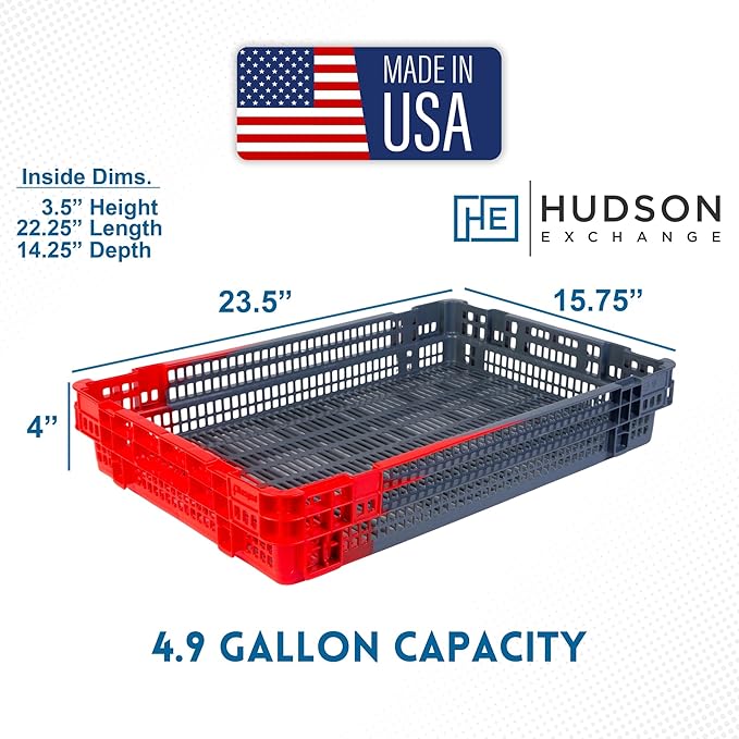 Hudson Exchange 23.5 x 15.75 x 4" (4.9 Gallon, 5 Pack) Agricultural Nest and Stack Vented Crate Handled Storage Container Tote, Red/Black