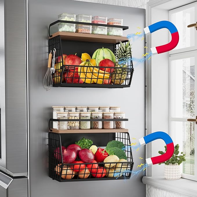 2 Set Magnetic Shelf for Fridge,Onion and Potato Spice Snacks Fruit and Vegetable Storage and Organizer,Wall Hanging Wire Basket for Pantry,Kitchen Countertop,RV and Laundry