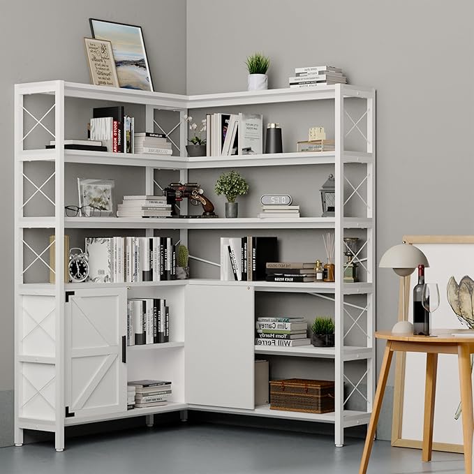 6-Shelf Corner Bookshelf, Vintage Industrial Corner Shelf Etagere Bookcase, Large Book Shelf with Metal Frame Open Storage Corner Cabinet (White-Lockers, Large)