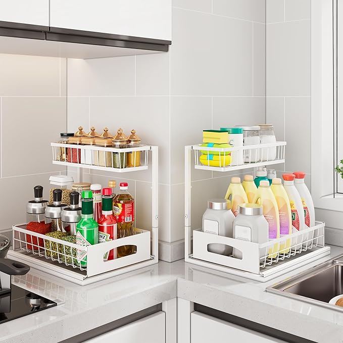 Under Sink Organizer, 2 Pack Height Adjustable Cabinet Organizer with Slide Out Drawer, Pull Out Under Sink Storage, Multi-Purpose 2 Tier Sink Shelves for Kitchen Bathroom Pantry (White, 2 Pack)