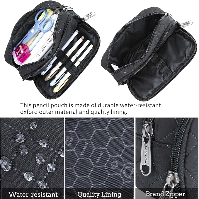 Della Gao Pencil Case Large Capacity Pencil Pouch Soft Quilted Pen Bag Office Stationery Organizer Sturdy Pencil Bag for Men Women - Black