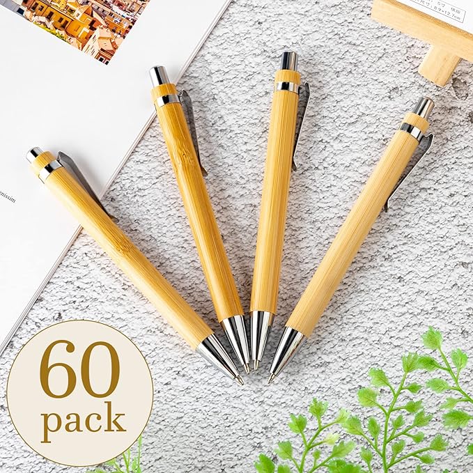 Leelosp 60 Pcs Bamboo Pen Retractable Ballpoint Pen Black Ink 1 mm Sustainable for Writing Office Products Wooden Bamboo Ballpoint for Journal School Supplies Decorations