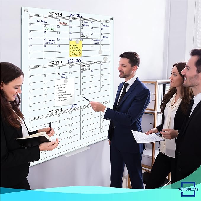 Glass Whiteboard Calendar 34x46” Quarterly Planner White Board Dry Erase Board 3 Month for Wall Glass Whiteboard Home Office Large Wall Calendar 2025 & Marker Tray