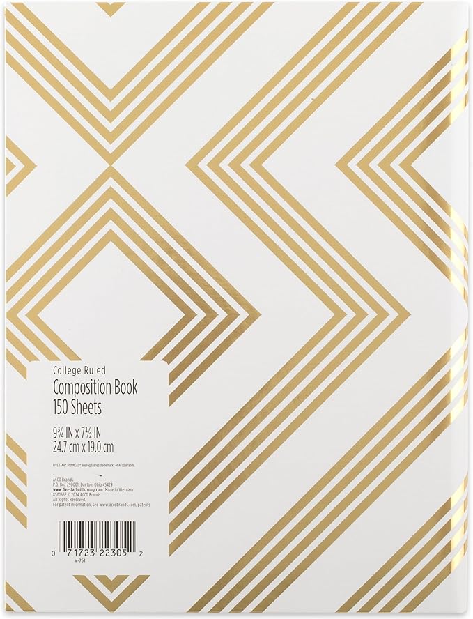 Five Star Composition Book, College Ruled Paper, 7-1/2" x 9-3/4", 80 Sheets, Hardcover, Metallic Gold Geo (850165F-ECM)