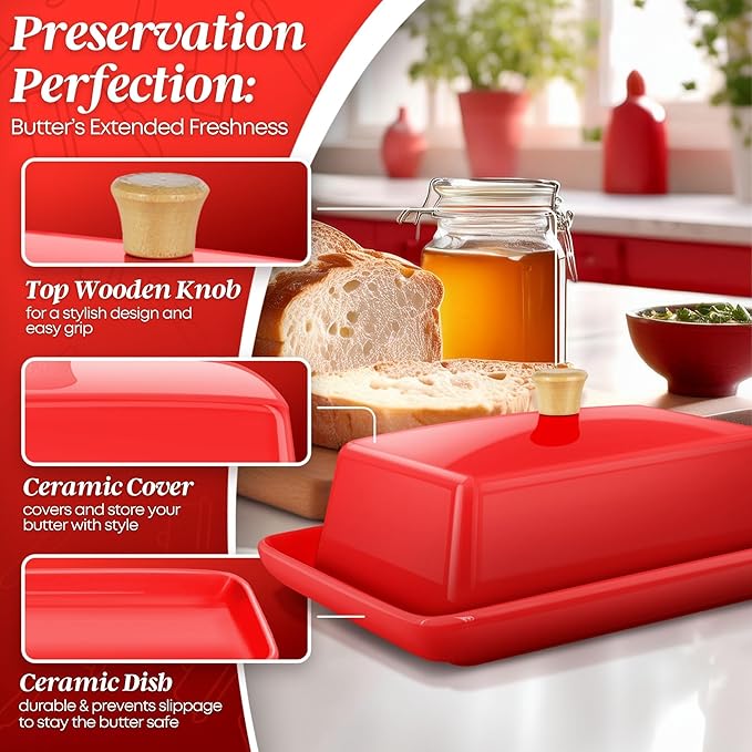 Flexzion Ceramic Red European Butter Dish with Lid for Countertop (7 Inch) - Wide 2 Stick Double Butter Holder for Counter, Cream Cheese Container Storage Keeper