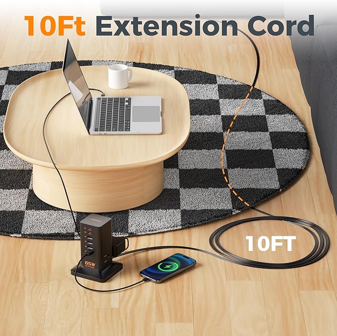 USB Charging Station for Multiple Devices 10Ft Cord, TESSAN 9-in-1 USB C Charger Block PD 65W for iPhone 17/16, MacBook, Tablet, Type C Desktop Charger with 3 AC, Home Travel Office Accessories