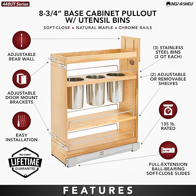 Rev-A-Shelf 8" Pull Out Storage Organizer for Base Kitchen Cabinets w/ Soft-Close, Sliding Shelves for Utilities, Utensils or Spices, 448UT-BCSC-8C