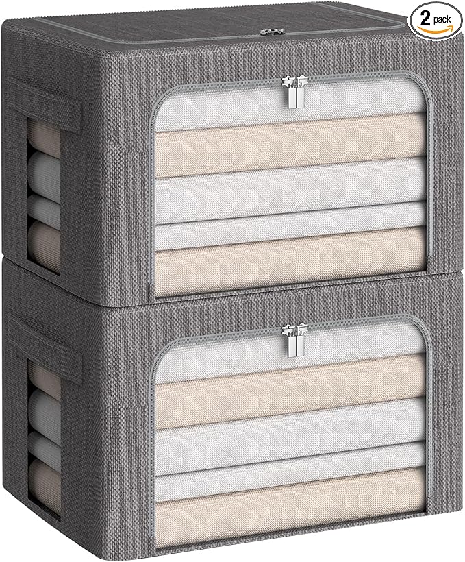 CYhom Clothes Storage Bins Box - Linen Fabric Foldable Stackable Container Organizer Set with Clear Window & Carry Handles & Metal Frame (Dark Gray, Medium-36L)