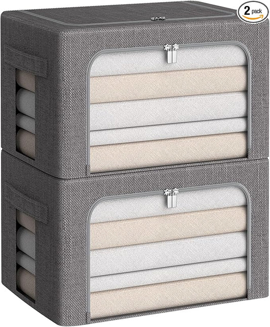 CYhom Clothes Storage Bins Box - Linen Fabric Foldable Stackable Container Organizer Set with Clear Window & Carry Handles & Metal Frame (Dark Gray, Medium-36L)