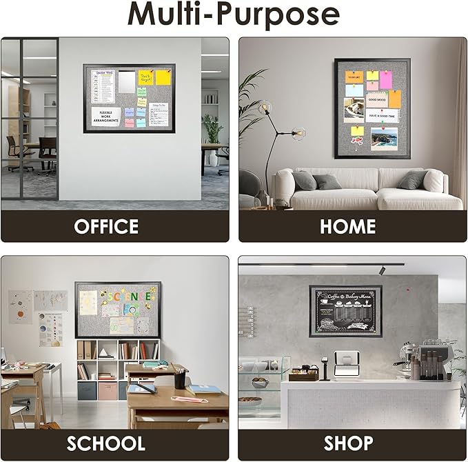 SHANTRA 36 x 24 Inch Bulletin Board with Grey Fabric, Wood Framed Canvas Cork Board, Corkboard for Walls with 10 Pins, Decorative Vision Board, Wall Mounted Notice Board for Home, Office, School