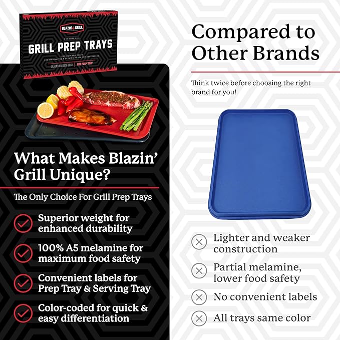BLAZIN' GRILL Prep and Serve Trays | Set of 2 Stackable, Melamine Trays | Serving Tray & Marinating Tray | Serving Platter for Plating Food & BBQ Prep Tub for Marinating Meats | Grill Accessories |