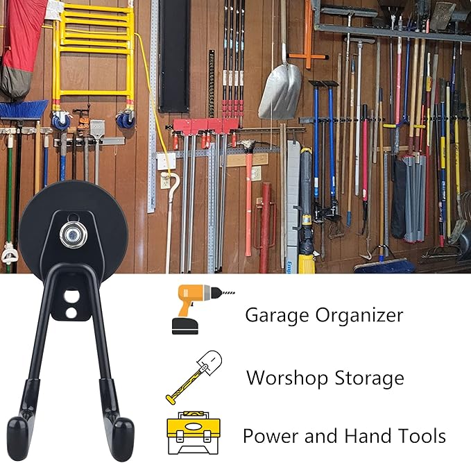 MUTUACTOR Large Garage Hooks,2PCS Storage Magnetic Hooks Heavy Duty,Anti-Slide Garage Hanger Magnetic Mounting,Garage Organization for Power Drill,Garden Tools,Hose,Tool Chest,Steel Pegboard,Workshop