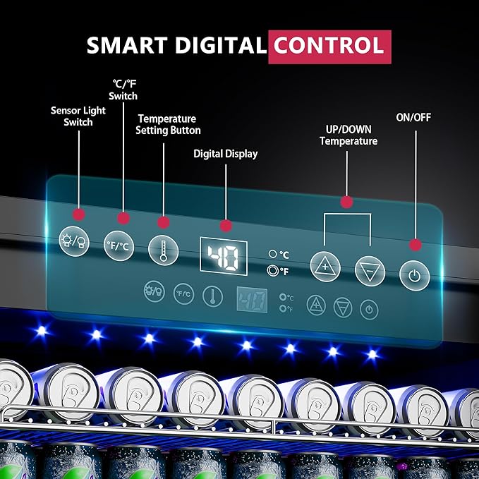 24 Inch Beverage Refrigerator, Beverage Cooler 180 Can Built-in Design, Under Counter Beer Fridge with Glass Door for Soda, Wine, Water - For Kitchen, Office or Bar