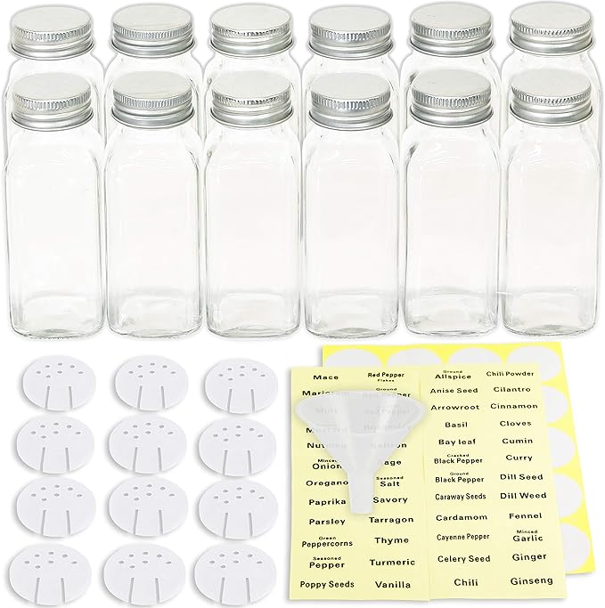 Simple Houseware 12-Pack 6 oz Glass Spice Jars, Square Bottles with Shaker Lids, Funnel and Labels for Seasoning & Storage