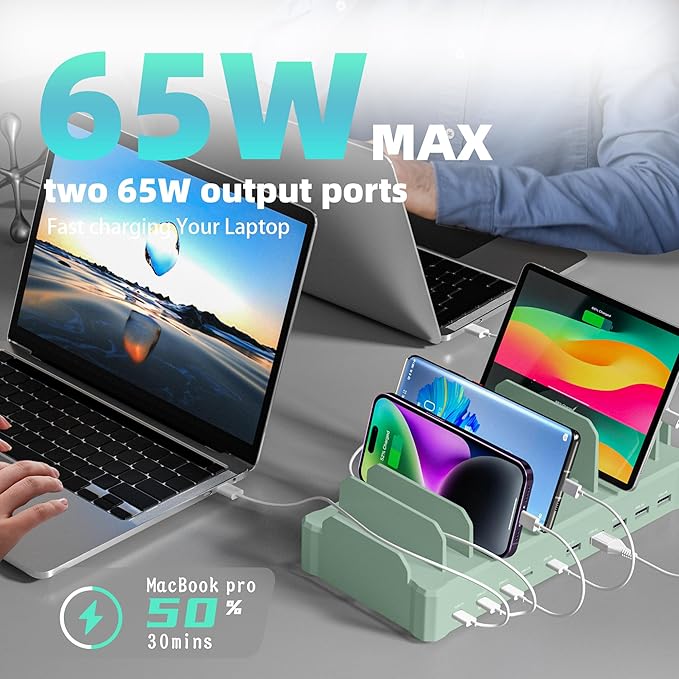 Charging Station for Multiple Devices, Zobirez 10-Port USB C Fast Charger Stations for MacBook, iPhone, Android Cell Phone, iPad, Tablet, Family Multi-Device Organizer Charging Dock, Green