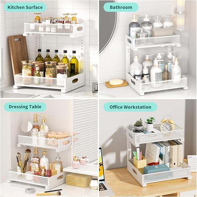 Under Sink Organizer, Extra-Wide Upgrade, 2 Pack 2 Tier Metal Slide Out Cabinet Organizer, Height Adjustable Organization and Storage Series, Bathroom/Cabinet/Kitchen organization, White