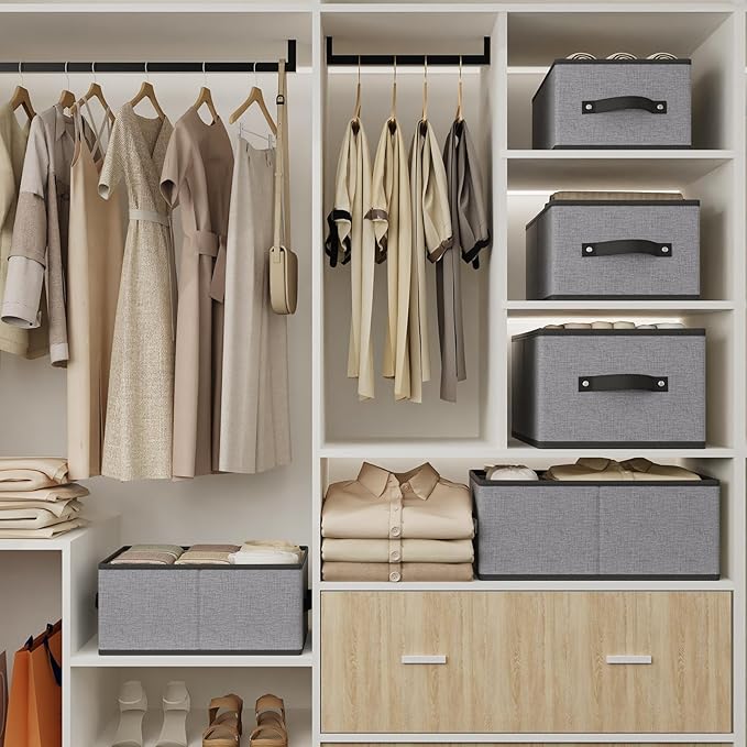 Foldable Storage Boxes, Storage Baskets with Handles, Fabric Cube Organizer Bins for Shelves Bedroom Laundry, 13 × 9.1 × 5.5 Inch, Gray, 4-Pack