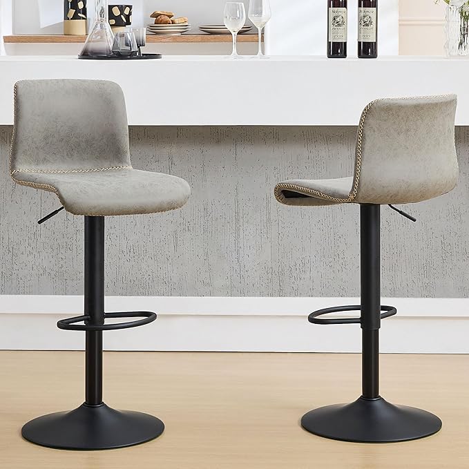 HeuGah Swivel Bar Stools Set of 2, Adjustable Counter Height Barstools with Back, Gray Faux Leather Bar Chairs for Kitchen Island (Gray, Set of 2 (24'' to 32''))