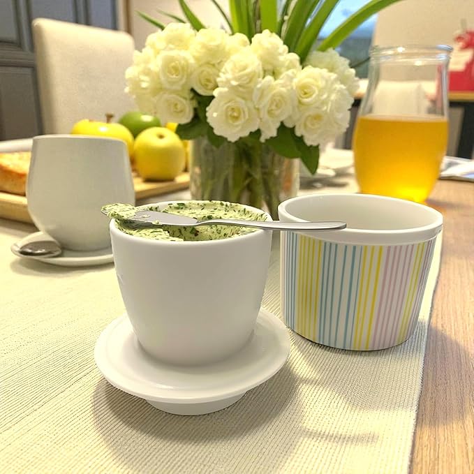 Butter Crock with Lid for Countertop, Butter Keeper Crock with Water, French Butter Dish Ceramic, Butter Holder with Lid for Spreadable Butter, Butter Container for Counter (Pastel Stripes, white)
