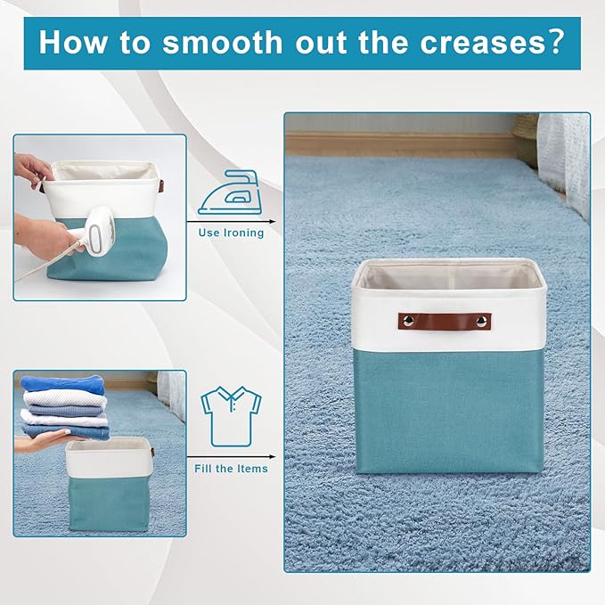 Collapsible Fabric Storage Cubes 11x11 Cube Storage Bins, 4 Pack Closet Baskets Box with Handles for Organizing, Shelf, Toys, Clothes, Home, Office, Nursery (Teal&White)