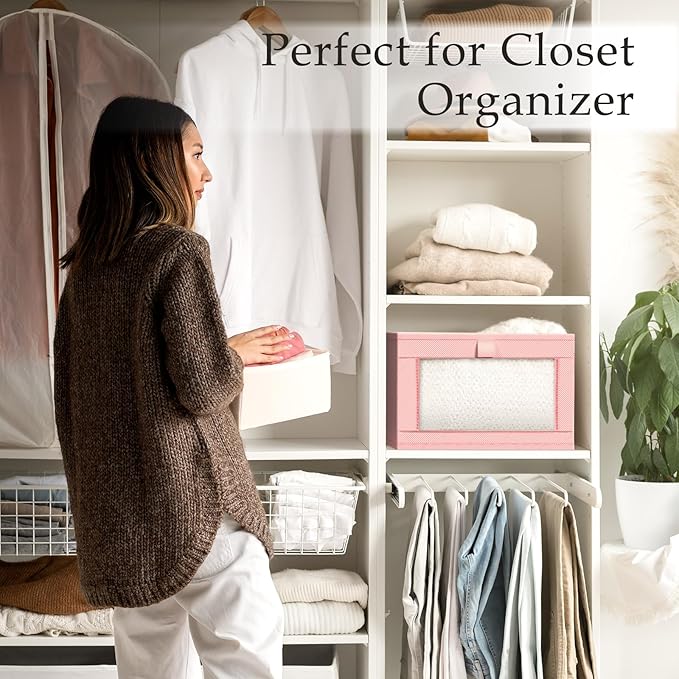 Criusia 6 Pack Linen Closet Organizers and Storage, Large Linen Closet Baskets for Organization, Foldable Storage Containers for Clothing, Towels, Jeans, Books, Shelves, Pink