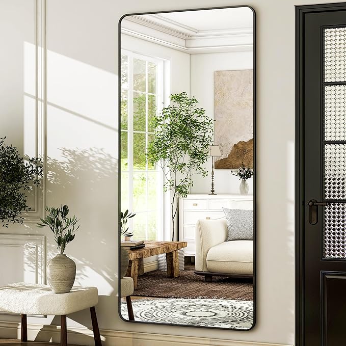 HARRITPURE 71x32 inch Rounded Full Length Mirror Aluminum Frame Black Mirror Full Length Floor Mirror with Stand for Living Room Bedroom Cloakroom