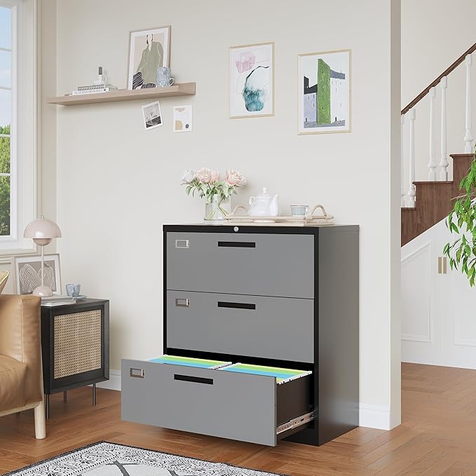 3 Drawer File Cabinet, Lateral Filing Cabinets for Home Office, Office Storage Drawers with Lock, Hanging Files Legal/Letter A4 Size (Assemble Required,Black Grey)