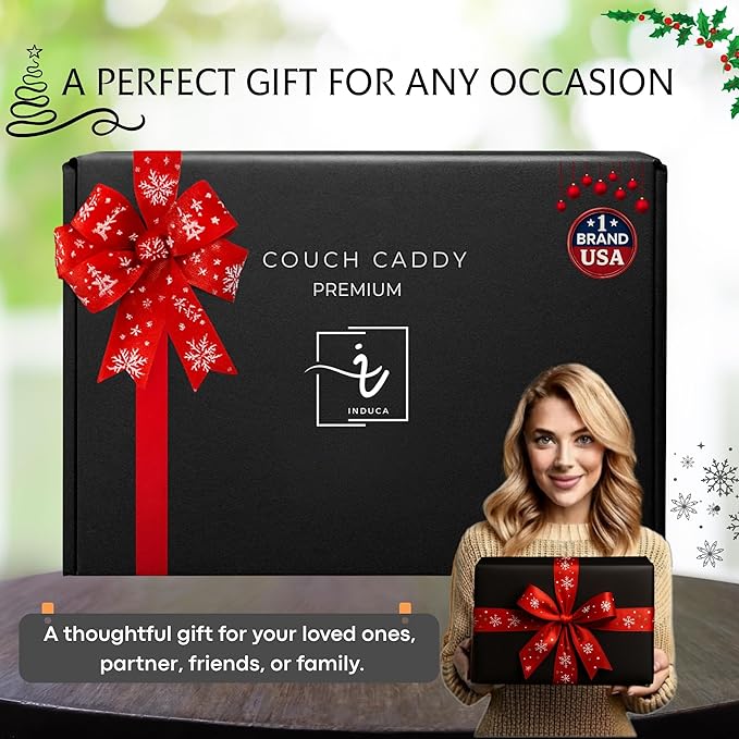 Couch Caddy with Cup Holder | Bamboo Couch Cup Holder Tray for Drinks, Snacks & Remotes | Couch Tray for Bed, Car Seat & Beach Organizer (Grey)