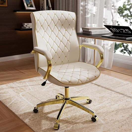 White and Gold Office Chair with Soft Leather Embroidery, Mid Back Vintage Swivel Executive Desk Chair with Wheels and Padded Arms, Adjustable Height