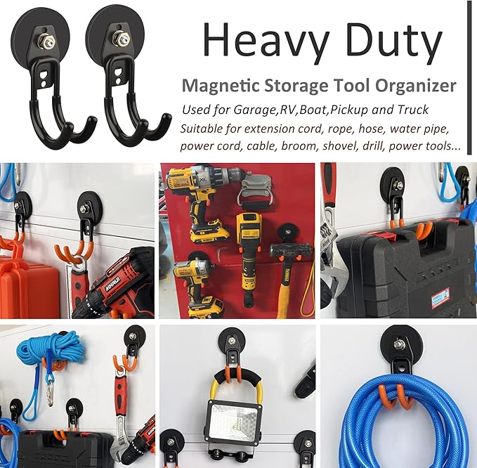 ULIBERMAGNET Garage Strong Magnetic Hooks, 2 Pack Black Heavy Duty Large J Hooks with Magnet, Anti-Slip Coating Magnet Hooks for Garden Tools, Ropes,Drill