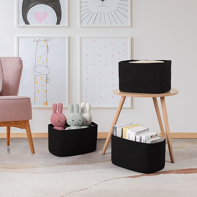 Cotton Rope storage Basket Bins 15X10X9.3“ Woven Basket for Organizing Shelves Rectangle Decorative Baskets For storage Clothes Toys Books Towels Square Wicker Nursery basket organizer 3 pack black