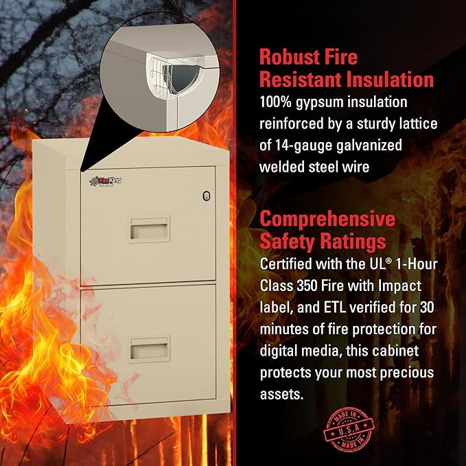 FireKing Turtle Vertical 2 Drawer Legal and Letter Fire Safe File Cabinet with Key Lock, 1 Hour Fire Rated, UL Rated & Water Resistant Home Safe, Filing Cabinet, Made in The USA, Parchment