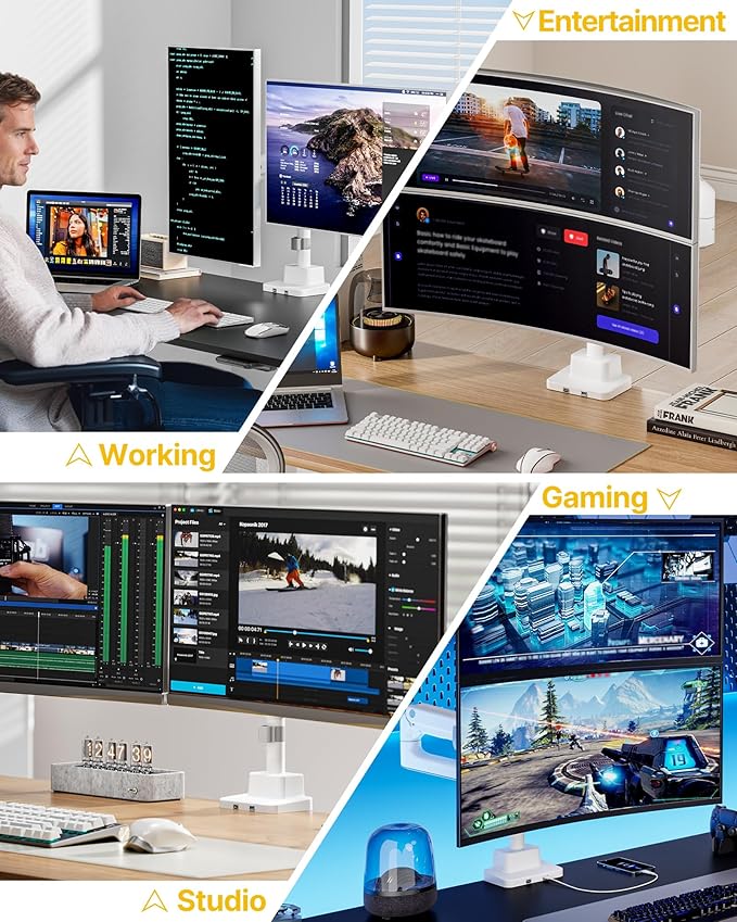 monTEK 17-57 Inch Dual Ultrawide Monitor Arm for Up to 59.4lbs Screen, Aluminum Heavy-Duty Gas Spring Vertical Stackable Curved Screen Adjustable Monitor Stand,75/100mm Vesa Mount, White