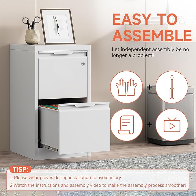 Metal Filing Cabinet with Lock,Vertical File Cabinet 2 Drawer,White File Cabinet with Lock for Home Office/Legal/Letter/A4,Lockable File Cabinets for Hanging File -Assembly Required