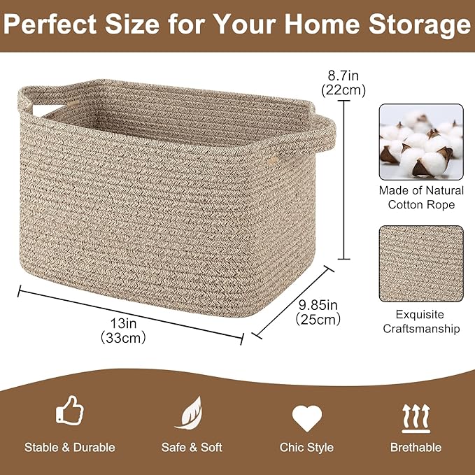 Storage Basket for Organizing, Woven Baskets for Storage, Rectangle Decorative Baskets for Shleves, Closet, Toys, Books, Nursery Organizer Bins - Pack of 3 (Brown, 13"x9.85"x8.7")