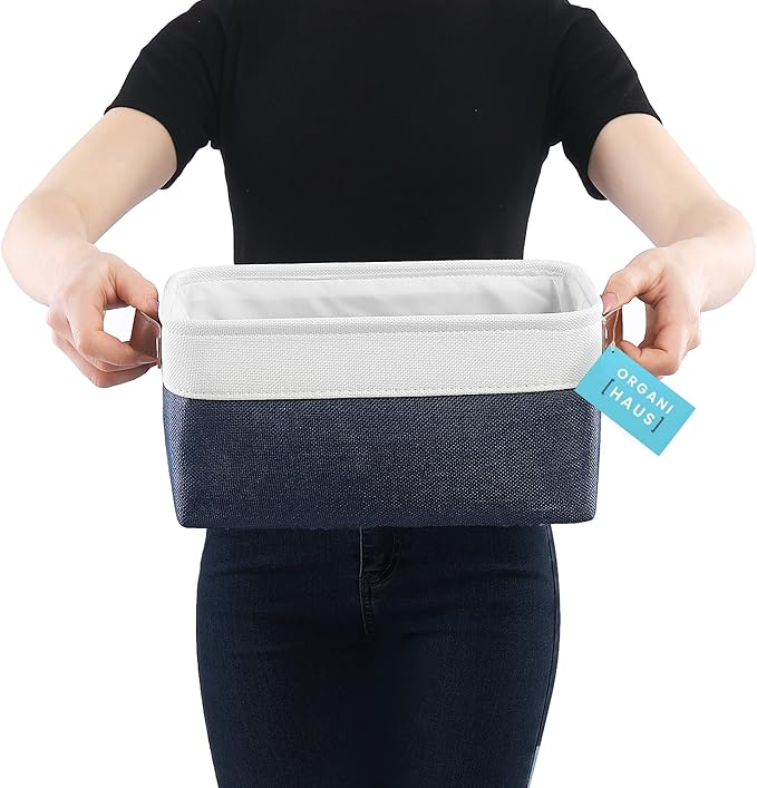 OrganiHaus Small Fabric Storage Baskets for Shelves 3 Pack, 12x08in Closet Storage Bins for Shelves, Canvas Baskets for Organizing, Linen Closet Organizers, Cloth Basket, Navy Blue/Off-White