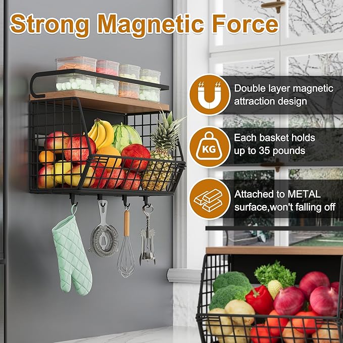 Magnetic Shelf for Fridge,Onion and Potato Spice Snacks Fruit and Vegetable Storage and Organizer,Wire Basket for Pantry,Kitchen Countertop,RV and Laundry