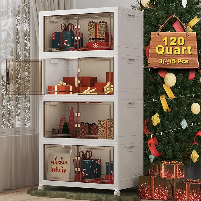 480Qt Stackable Storage Bins with Lids, 4 Pack Large Collapsible Bins with Wheels, Plastic Cabinet with Doors, Foldable Closet Organizers and Storage for Home, Dorm, Office, White